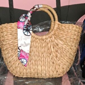 Elegant Tan Woven Tote with Pink Scarf